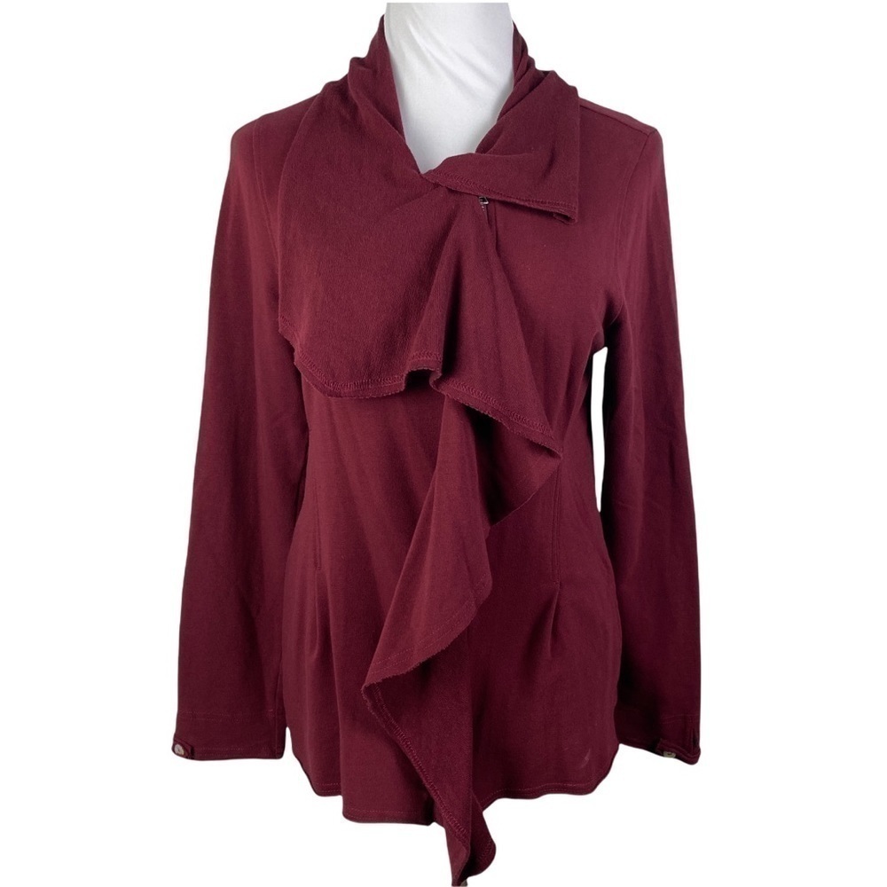 Meesh & Mia Shawl Waterfall Neckline Full Zip Blouse Women's‎ M Burgundy Wine
